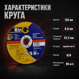 Характеристики - Зачистной круг по металлу 125×6×22,23 Ring